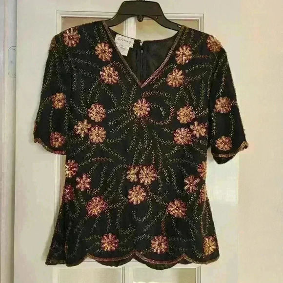 Vintage Stenay Women's Silk Short Sleeve Beaded Sequin Scalloped V Neck Medium - Picture 1 of 13